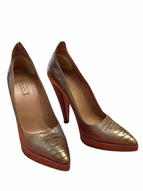 Alaia Paris Vintage Bronze Leather Heels Platform Croc Embossed Made in Italy 37